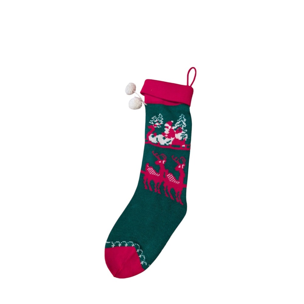 Vintage KNIT CHRISTMAS STOCKING RED GREEN REINDEER SANTA BOY GIRL MEN 19"